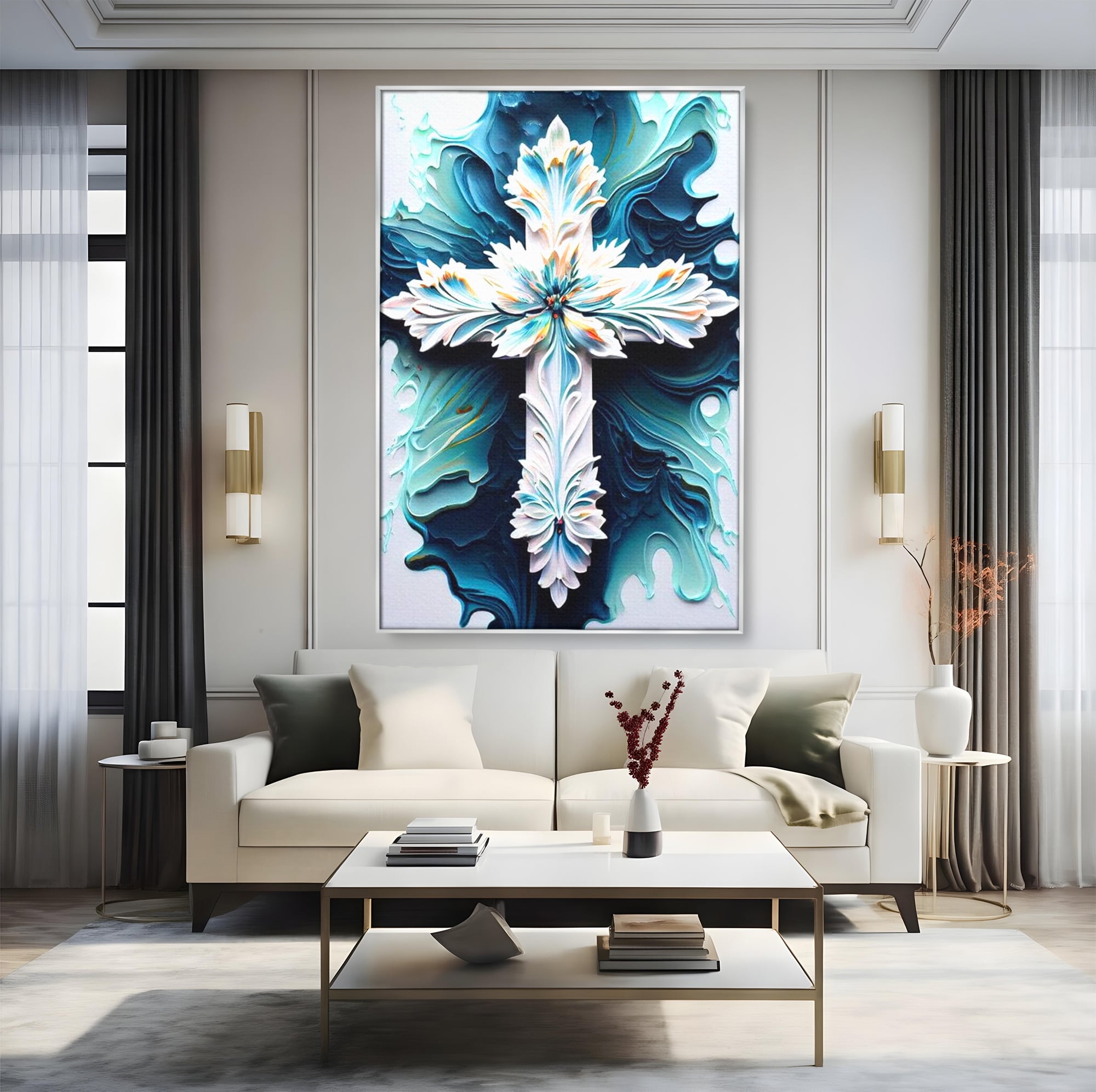 Tablou canvas cu tablou canvas cu o cruce florala, in rama de aluminiu argintiu, pe perete intr-un living